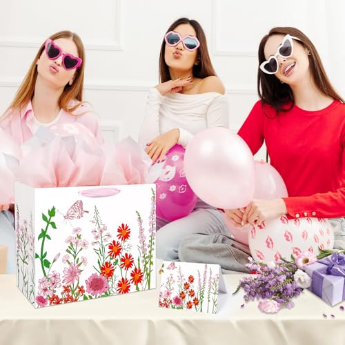 Konsait 13" Large Floral Gift Bags, Red and Pink Flower Gift Bags with Tissue Paper and Card for General Greeting, Bridal ...