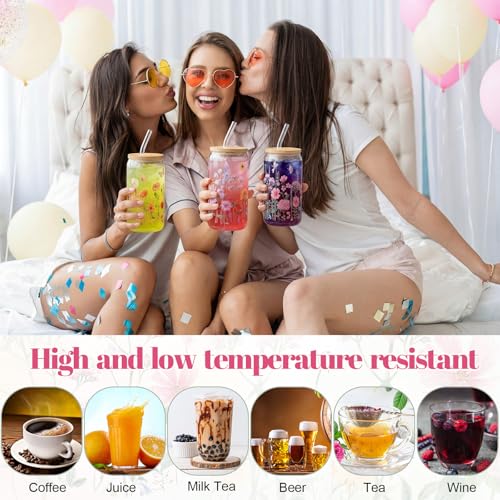 Hushee 20 Pcs Wildflower Party Favors Set 16oz Floral Glass Cups Clear Gift Bags Makeup Bags Flower Keychains for Bridesma...
