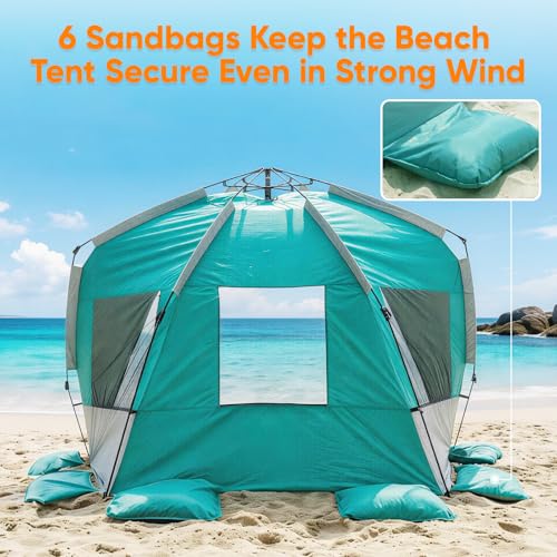 Golabs BT1 Pop up Beach Tent Sun Shelter for 3-Person, 1-Minute Setup by Pre-Attached Pole & UPF 50+, Beach Shade with Det...