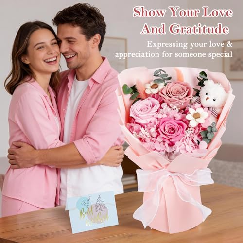 Shearly Preserved Flowers Bouquet with Bear, Forever Flowers with Gift Box, Long-Lasting Eteranl Roses Bouquet, Anniversar...