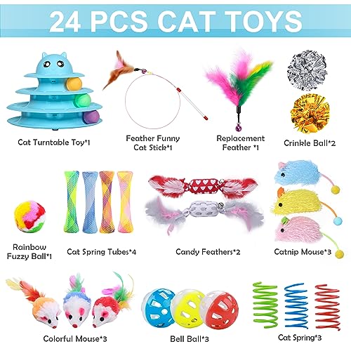 UPSKY 24 PCS Cat Toys, 3-Level Turntable Kitten Toys Set, Interactive Cat Roller Toys for Indoor Cats, Catnip Toys, Cat Te...