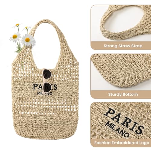 Pleneal Beach Bags for Women - Women Beach Tote Bag, Summer Mesh Hollow Straw Tote Bag for Holiday Market