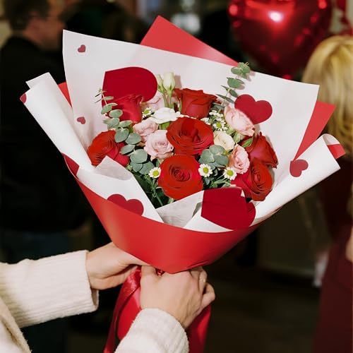 LeZakaa 20 Sheets Flower Wrapping Paper, Red Heart Design Waterproof Floral Bouquet Paper for Valentine's Day, Wedding, An...