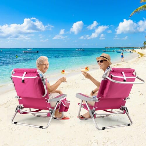 Goplus Beach Chair, 330lbs Folding Backpack Chairs for Adults with 5-Position Backrest, Storage Pockets, Towel Bar & Headr...