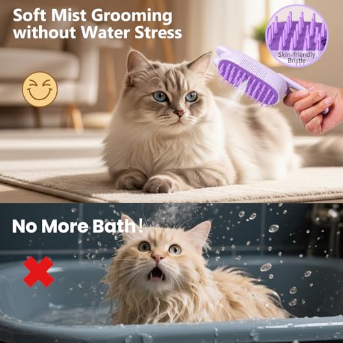 Rechargeable Cat Steam Brush with Mist Spray, 3-in-1 Pet Steam Brush for Long and Short Haired Cats and Small Dogs, Anti-S...