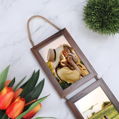 Lavezee 4x6 Collage Triple Picture Frames Set, Walnut Brown 6 Opening Hanging Vertical Frame Made to Display 4 by 6 Inch P...