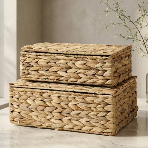 Decorative Storage Boxes with Lids - Set of 2 Beautiful Wicker Organizer Bins for Your Shelves & Home Decor - Safely Store...