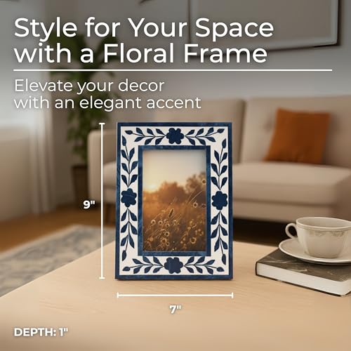Floral Inlay Picture Frame with 4x6 Photo Display – Unique Picture Frames for Tabletop or Wall Mounting – Elegant Resin & ...