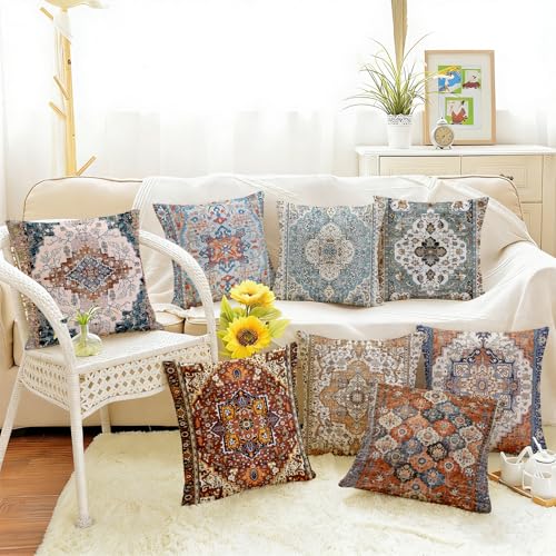 ZSYTZL Boho Throw Pillow Covers 18x18 inch Set of 2,Linen Bohemia Carpet Pattern Decorative Living Room Sofa Bed Square Pi...