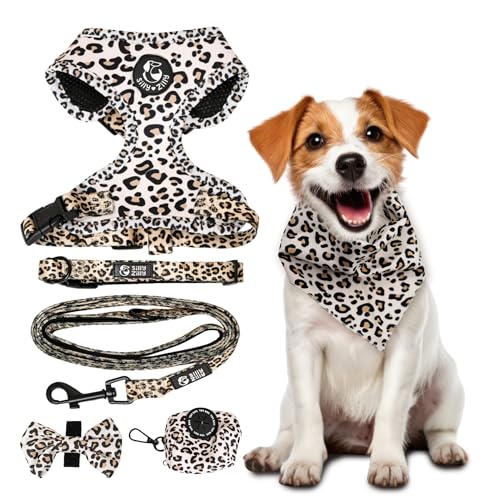 Silly Zilly No Pull Harness and Leash Set - 6-in-1 Adjustable Vest Harness and Collars for Medium and Large Dogs. (Leopar...
