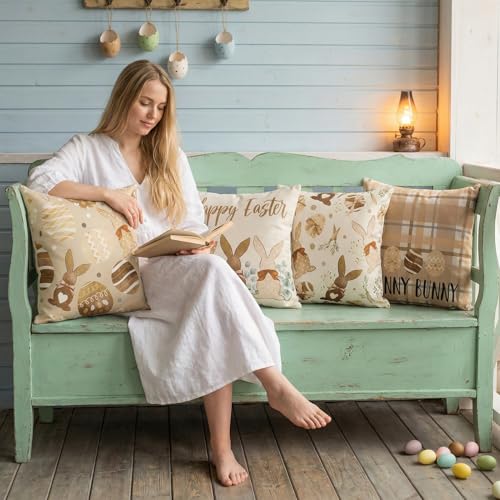 Ovveroche Farmhouse Throw Pillow Covers 18x18 Inch, 4 Pack Linen Textured Rabbit Pillow Covers, Rustic Linen Cushion Case ...