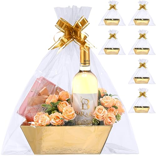 Patelai 22 Pcs Basket for Gifts Empty Kit Includes 6 Pcs 9.8x6.5 Thick Kraft Gift Basket to Fill 6 Clear Bags 10 Bows Empt...