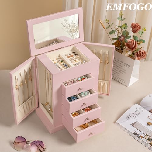 Emfogo Jewelry Boxes for Women, 5-Layer Large Leather Jewelry Organizer Box with Mirror and Drawers, Jewelry Storage for N...