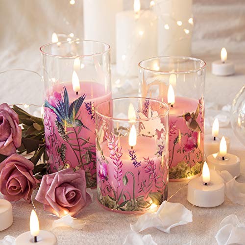 Eywamage Pink Hummingbird Floral Glass Flameless Candles with Remote, Flickering Battery LED Pillar Candles Set of 3, Spri...