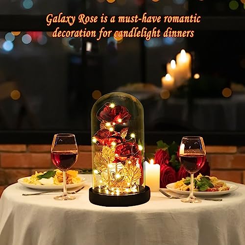 Mothers Day Flower Gifts for Mom,Wife,Mother Rose Galaxy Flower Red Rose in Glass Dome,Light Up Rose Flowers with 2 Lighti...