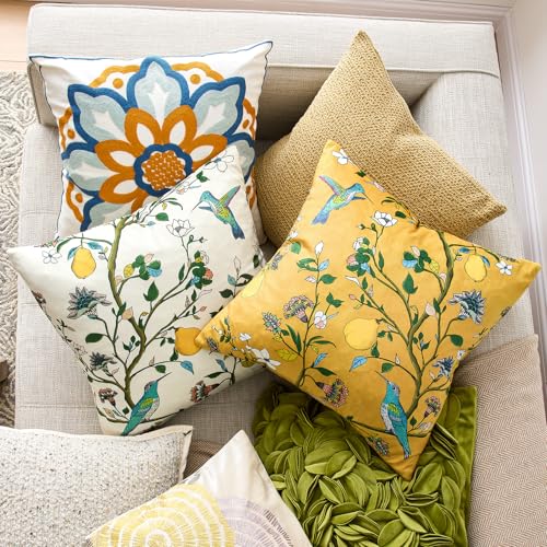 Mustard Yellow Floral Pillow Covers 18x18 Set of 2, Velvet Wild Flower Plant Throw Pillows Case, Square Farmhouse Decor Cu...