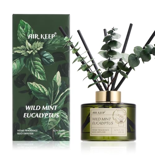 Airkeep Reed Diffuser Set with 6.76 fl oz Wild Mint & Eucalyptus Scent Essential Oils and 3 Leaves & 8 Diffuser Sticks,Bat...