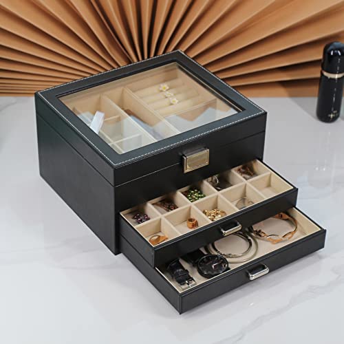 BOOVO Clear Lid Jewelry Box,3 Layers Jewelry Organizer Large Multi-Functional Jewelry Storage Box with 2 Drawers,Jewelry D...