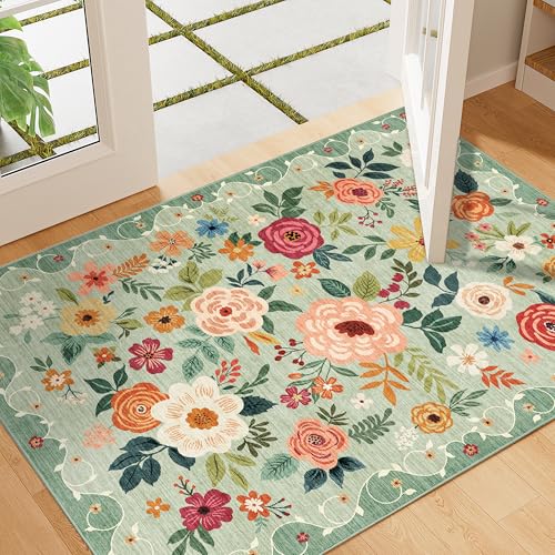 DUKINO 2x3 Rugs for Entryway, Floral Indoor Washable Front Door Mat, Non Slip Boho Small Carpet, Soft Low Pile Throw Rug f...