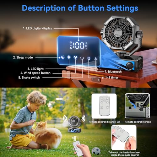 Portable fan rechargeable with 5.3 Bluetooth Speaker, 25000mAh Camping Fan with 5 Speed Touch Control & 3-Mode LED Light, ...