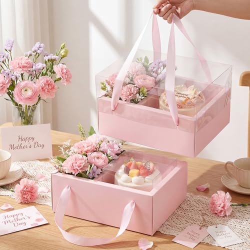 Qinyoung 12 Sets Mother's Day Flower Gift Box Cake Flower Gift Boxes with 12 Pcs Transparent PVC Cake Boxes Mother's Day B...