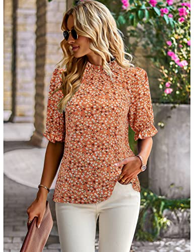 ZILIN Women's Summer Boho Floral Shirt Top Ruffle Mock Neck Puff Short Sleeve 2026 Casual Blouses