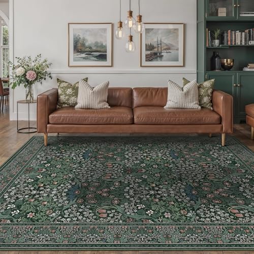 HUGEAR Vintage Floral Machine Washable 5x7 Area Rugs Green Living Room Bedroom Rug Retro Neutral Stain Resistant Non Slip ...