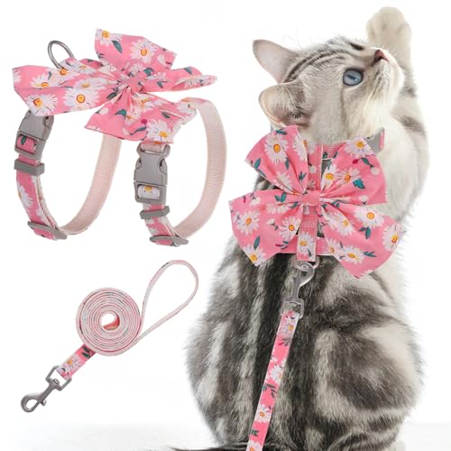 PAWCHIE Cat Harness and Leash Set with Bow Knot,Cats Escape Proof-Adjustable Daisy Floral Kitten Harness Soft Outdoor Walk...