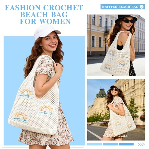 Crochet Beach Tote Bag, Aesthetic Mesh Tote Bag Hippie Bag Knit Bag, Summer Beach Bag for Women