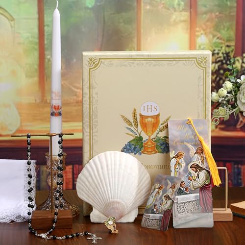 Conelist 7 Pcs First Communion Gift Box Set Catholic Holy 1st Communion Baptism Kit with Candle Rosary Lapel Pin Prayer Ca...
