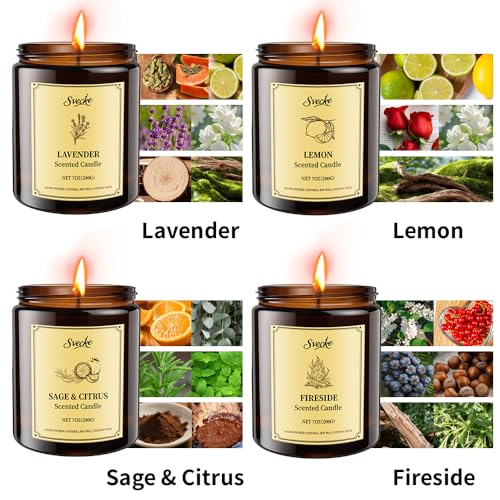 SVECKE 4 Pack 28oz Scented Candles, Soy Wax Jar Candles, Lemon, Lavender, Sage & Citrus, Fireside, Scented Candles for Hom...
