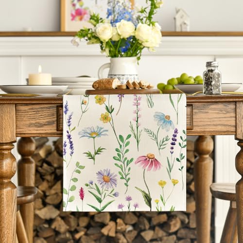 Artoid Mode Wildflowers Floral Eucalyptus Spring Table Runner, Seasonal Summer Kitchen Dining Table Decoration for Home Pa...