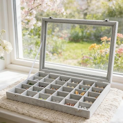 Wudygirl 30 Grid Jewelry Organizer Velvet Jewelry Box Jewelry Tray with Clear Lid Storage Case Showcase Display Stackable ...