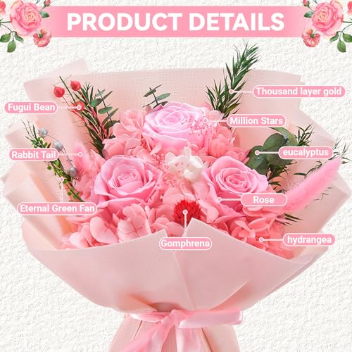 Gnifot Preserved Flowers Bouquet, Flowers for Delivery,Handmade Pink Rose Bouquets Lasting 3-5 Years, Luxury Gift Box,Birt...