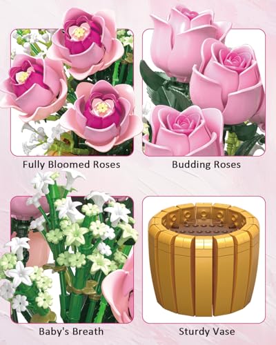 Mavo brix Pink Rose Building Set for Adults, Botanical Flowers Bouquet with Vase, Home Décor Centerpiece, Gift for Women, ...