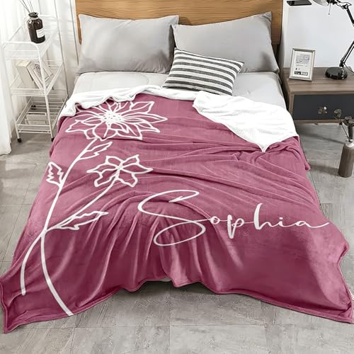 KUKULIKI Mothers Day Personalized Gifts for Mom, Custom Blanket with Name and Birth Month Flowers, Personalized Blankets f...