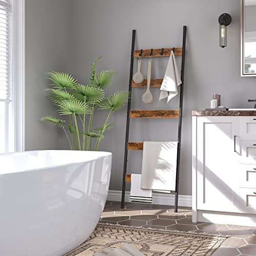 HOOBRO Blanket Ladder, 5-Tier Towel Rack with Hooks, Wall-Leaning Blanket Rack, Decorative Display Ladder Shelf, for Scarv...
