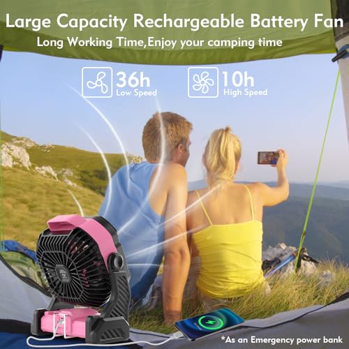 RUNTOP Camping Fan with LED Light, 20000mAh Rechargeable Battery Powered Outdoor Tent Fan with Hook,High Speed 270°Rotatio...