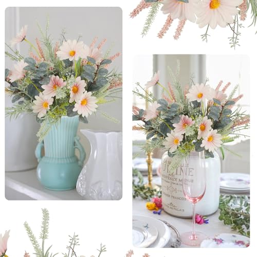 HO2NLE 2 Bundles Artificial Wildflowers Fake Daisy Flowers Bouquet Silk Flower with Stems Faux Daisies Eucalyptus Pink Flo...