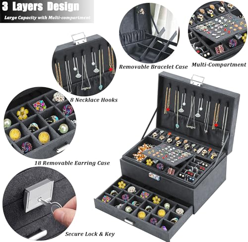 QBestry 3-Layer Jewelry Box for Women with Lock and Key & Drawer, Large Jewelry Organizer with 8 Necklace Hooks & 56 Earri...