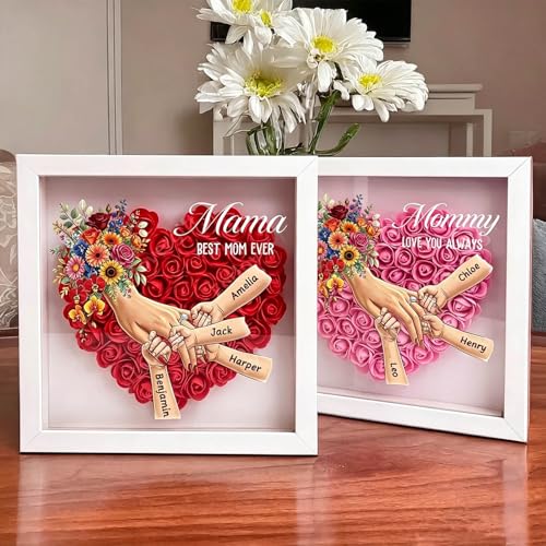 Personalized Mommy Holding Hands Shadow Box with Ring & Manicure – Custom Kids Names Floral Heart Frame, Premium (Holding ...