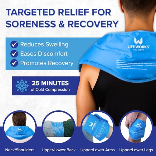LIFE WORKS Gel Neck Ice Pack Wrap, Flexible Reusable Hot & Cold Pack, Soft Plush & Nylon Cover, Therapy Wrap for Neck, Sho...