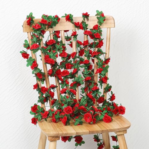 KHOYIME 9 Pack 72 FT Artificial Flower Garland, Fake Red Roses Vines Silk Flowers Faux Plastic Outdoor Hanging Floral Ivy ...