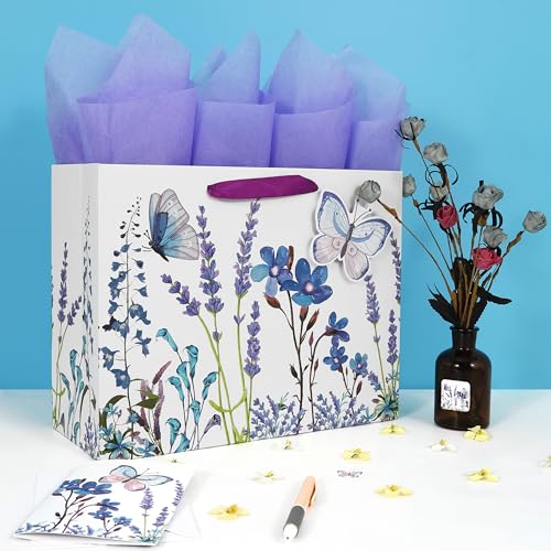 Qirrmiy 13" Large Purple Gift Bag Set with Greeting Card and Tissue Paper (Lavender and 3D Butterfly) Women's Birthday, Mo...