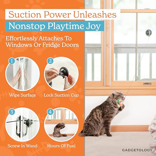 18-Piece Interactive Cat Toys for Indoor Cats -PATENTED Heavy Duty Self-Holding Floor Base & Suction Cup - Durable Feather...