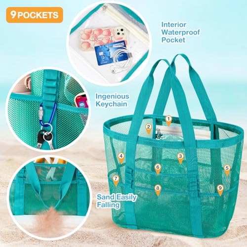 KPX Mesh Beach Bag, Large Beach Tote Bags for Women Foldable Mesh Swimming Pool Bag with Mini Pockets - Sandproof, Waterproof