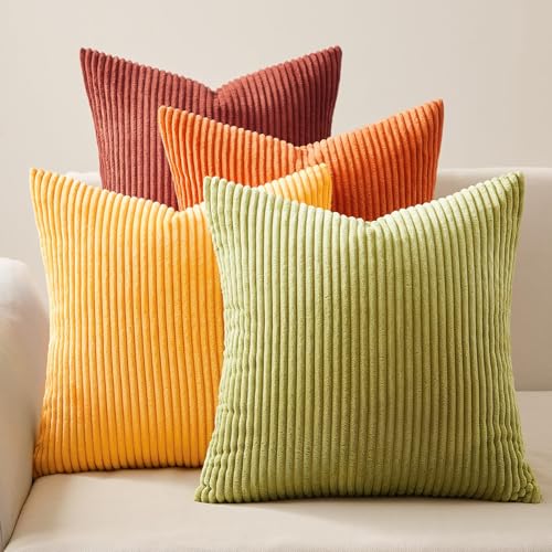 Topfinel Fall Burnt Orange Decorative Throw Pillows Covers 18x18 Inch Set of 4,Yellow Green Gradient Series Corduroy Strip...