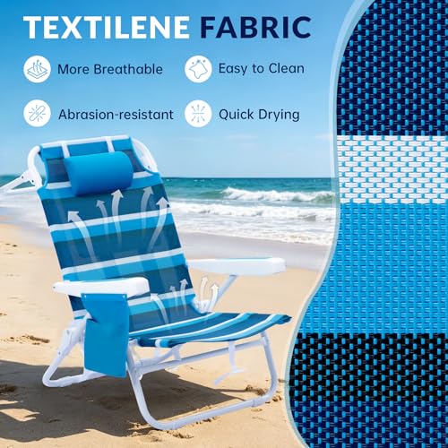 WTVIDAS Beach Chair 2 Pack, 5 Positions Textilene Folding Reclining Beach Chair with Backpack Straps, Cooler Bag & Cup Hol...