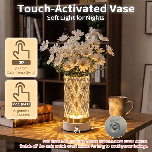 MMHF Crystal Table Lamp, Portable LED Bedside Lamp Touch Control, 3 Color Modes Dimmable, USB Rechargeable Night Light, Wa...