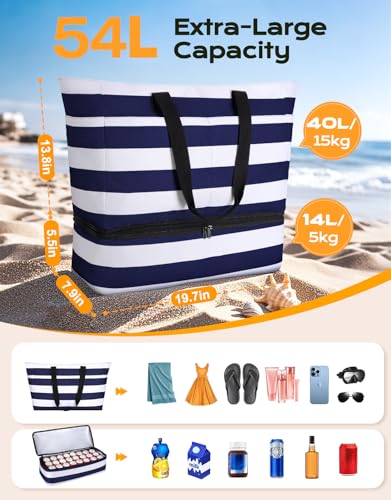 Vewaci Large Beach Bags for Women, Waterproof Sandproof Beach Tote Pool Bag with Wet Compartment & Zipper, Gifts for Mom